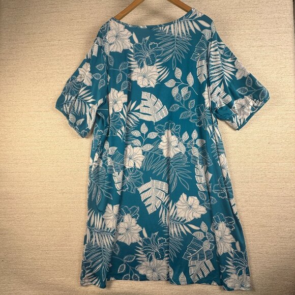 Ruby Rd. Woman 2X Blue/teal & White Tropical Floral Stretchy Pullover Midi Dress - Picture 9 of 11